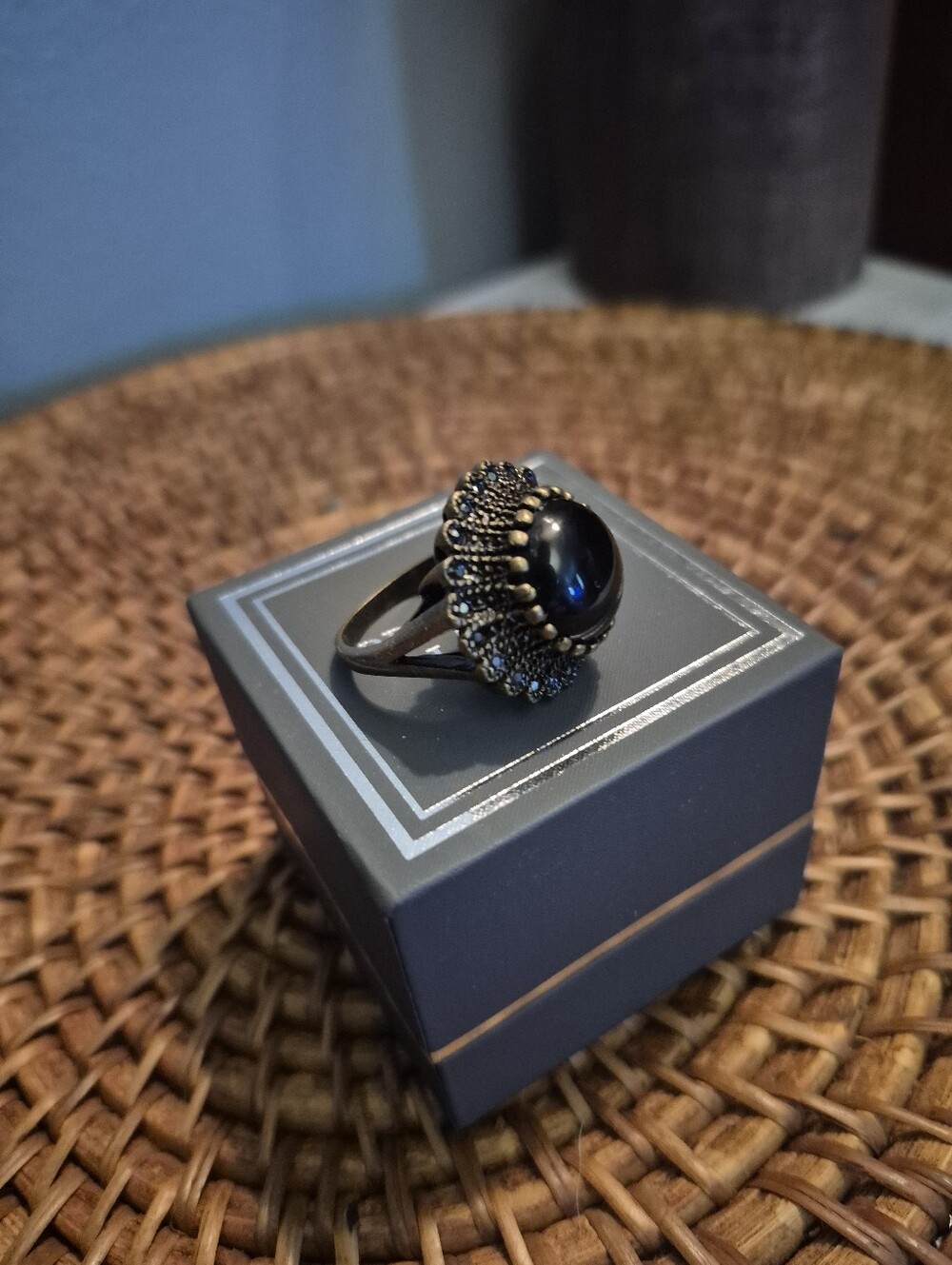 Black Cabochon Statement Ring with Antique Gold Accents
